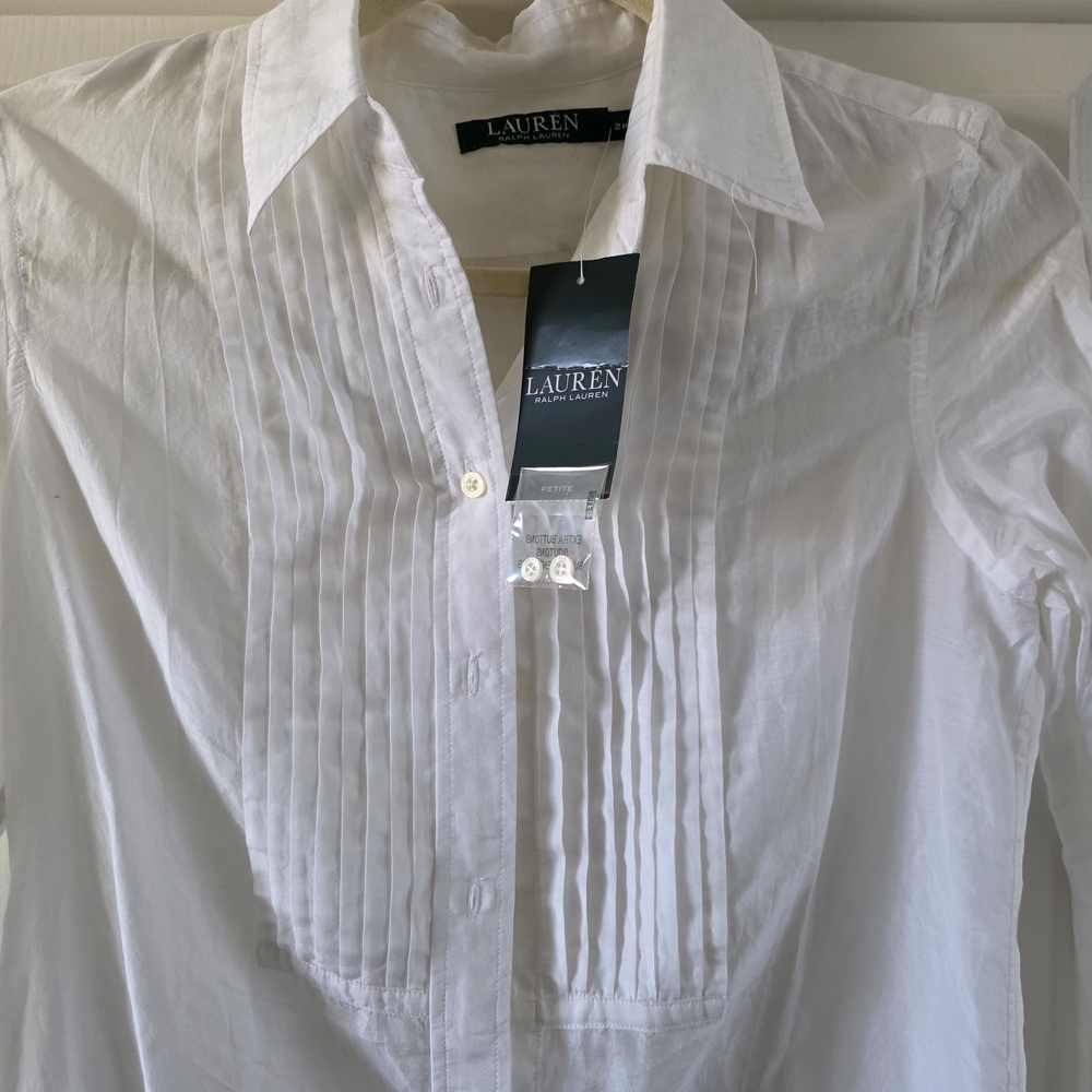 NWT Women  Ralph Lauren TUXEDO  White Silk Blend Shirt Petite 2p$149